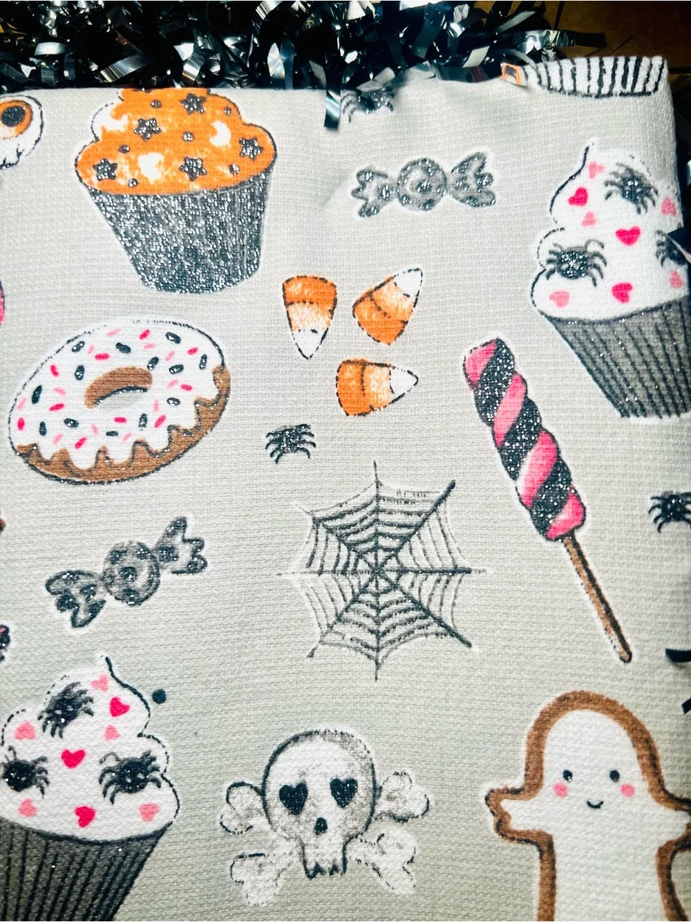 2 Halloween Sweets Kitchen Towels Candy Cookie Ghost Cupcake Donuts Glittered